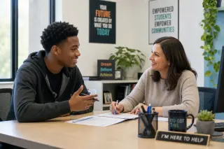 Young adult and a counselor having a positive meeting in a bright, welcoming office, both engaged and smiling, papers on the desk, modern and cheerful setting.