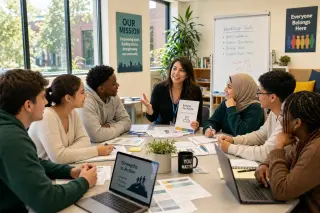 Diverse young adults and a supportive counselor engaged in a workshop in a bright, welcoming mission locale office, interacting and learning together in a positive atmosphere.