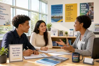 Young man and woman in their early twenties in a welcoming office, actively interacting with a smiling counselor, surrounded by colorful informational posters and bathed in natural light.