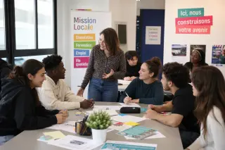 Group of diverse young adults participating in an engaging workshop with a supportive advisor in a brightly lit, colorful mission locale office.