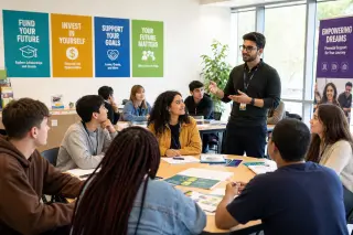 Diverse group of young people and a counselor in a bright workshop room, actively participating in a collaborative session with posters about financial assistance on the walls.
