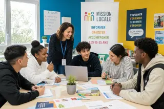 Diverse group of young adults and a counselor collaborating in a bright, welcoming room during a mission locale workshop, with positive and engaged expressions.