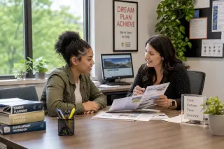 Young woman and counselor in a bright office, discussing career plans together in a positive and welcoming setting.