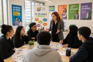 Young adults of diverse backgrounds participating in an employment workshop with a supportive advisor in a well-lit, colorful office space in Sarcelles.
