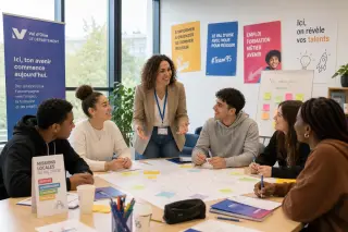 Diverse group of young adults actively collaborating in a bright, welcoming workshop led by a supportive counselor, with colorful posters about career opportunities in the background.